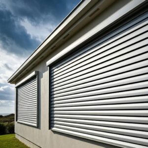 Modern home with hurricane shutters showcasing safety and preparedness