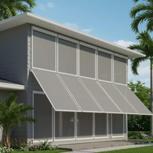 Modern home with roll-down hurricane screens partially deployed, showcasing coastal protection features