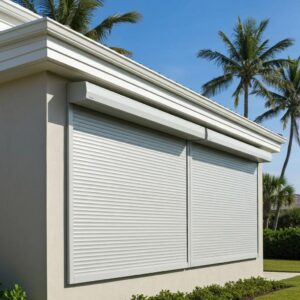 Modern home with roll down hurricane shutters against a coastal backdrop