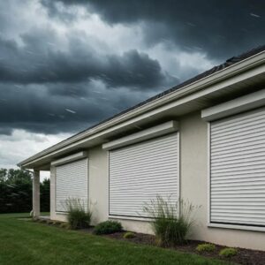 Modern home with roll down hurricane shutters closed during a storm, illustrating protection against severe weather