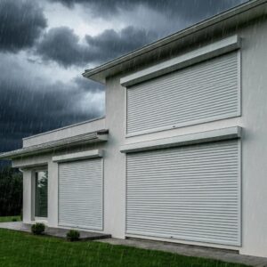 Close-up of roll-down hurricane shutters showing locking hardware and reinforced slats for security and privacy