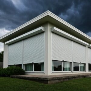Modern home with roll-down hurricane shutters partially closed against a stormy sky