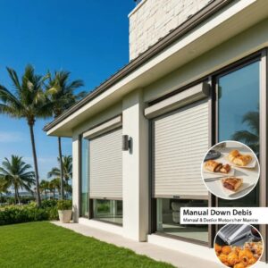 Modern home with roll down hurricane shutters partially deployed, showcasing storm protection features