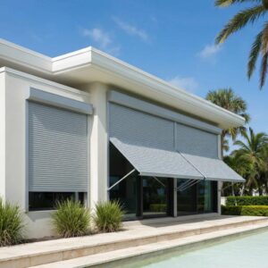 Modern home with roll down hurricane shutters partially open, showcasing storm protection features