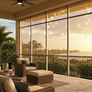Patio with deployed fabric hurricane screens showing light filtration and coastal protection