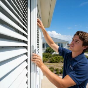 Person checking the operational function of accordion shutters