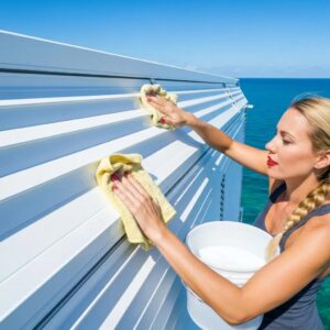 Person cleaning accordion hurricane shutters with a soft cloth and mild detergent