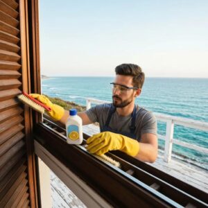 Person cleaning accordion shutter track with a nylon brush