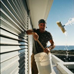Person cleaning accordion shutters with a soft brush near the coast