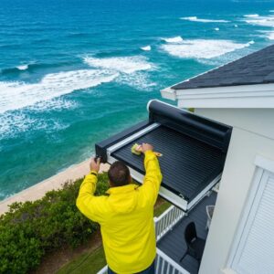 Person cleaning roll-down hurricane shutters with a soft brush