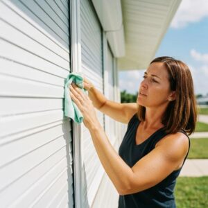 Person cleaning roll down hurricane shutters with a soft cloth and mild detergent