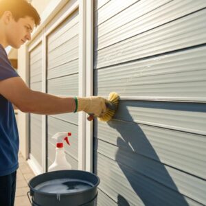 Person cleaning roll‑down shutters with a soft brush and mild detergent &mdash; best practice demonstration