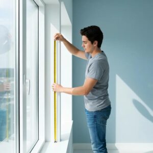 Technician measuring a window for accordion shutter installation