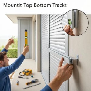 Installer leveling and mounting the top track for accordion shutters to ensure proper alignment