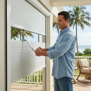 Person operating a manual roll-down hurricane shutter with a hand crank in a coastal setting