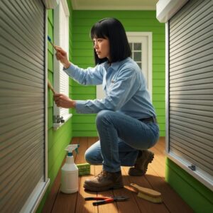 Technician inspecting and cleaning roll‑down shutter tracks during routine maintenance