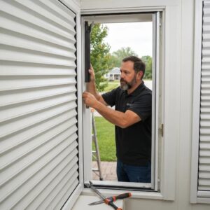 Professional installer fitting accordion shutters, highlighting the precision needed for effective noise reduction