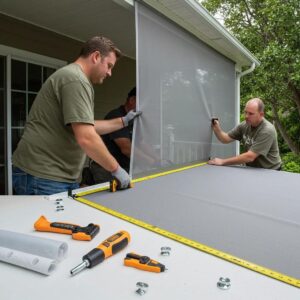 Professional installation of hurricane fabric screens, showcasing workers and tools in action