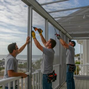 Professional installation team securing hurricane screens to a coastal home, emphasizing precision and care in the process