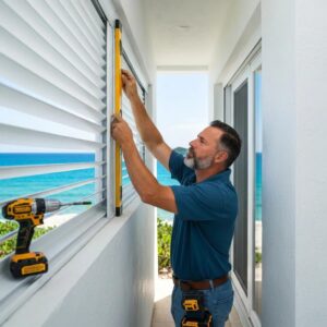 Installer checking fasteners and alignment during hurricane shutter installation