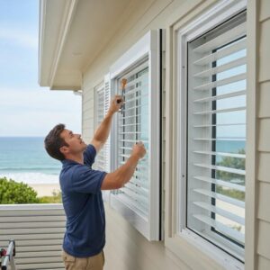 Installer fitting accordion shutters on a coastal home