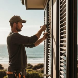 Professional installer fitting accordion shutters on a coastal home, demonstrating installation process and importance