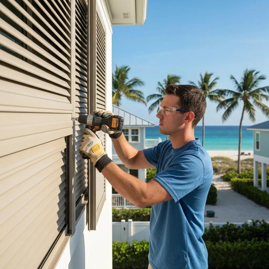 Professional-installer-fitting-hurricane-shutters-on-a-coastal-home-3d7df0e9-386f-4fba-b806-90c204042264webp - american hurricane shutters Technician installing hurricane shutters on a coastal property