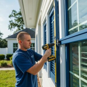 Installer fitting hurricane shutters on a South Carolina house, showing an on-site installation