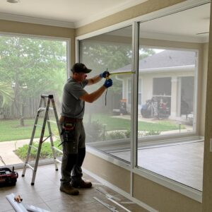 Professional installer fitting permanent hurricane screens, illustrating the installation process and attention to detail