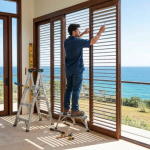 Professional installer fitting pre-finished accordion shutters at a coastal property, highlighting installation and maintenance aspects