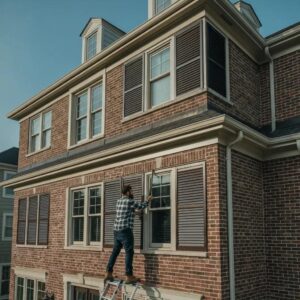 A professional installer fitting hurricane shutters on a multi‑story home with care and precision