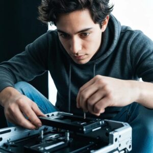 Installer fitting roll-down hurricane shutters on a coastal residence