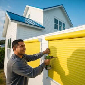 Trained installer fitting roll-down hurricane shutters on a coastal home &mdash; emphasizing the value of professional installation