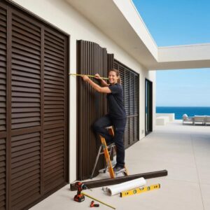Installer measuring accordion shutters at a coastal home before installation