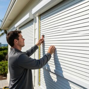 Professional installer measuring and aligning roll‑down shutters during installation