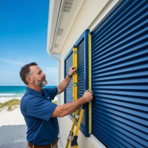 Installer measuring and fitting accordion hurricane shutters on a coastal home