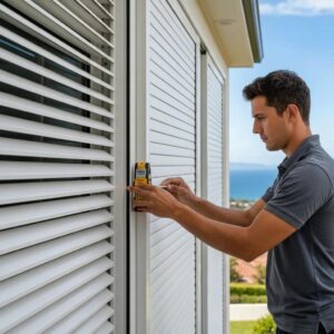 Installer measuring and fitting accordion shutters on a coastal house