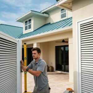 Certified installer measuring and securing accordion hurricane shutters on a Coastal Carolina home