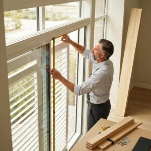 Installer measuring a window for accordion shutters at a residential home