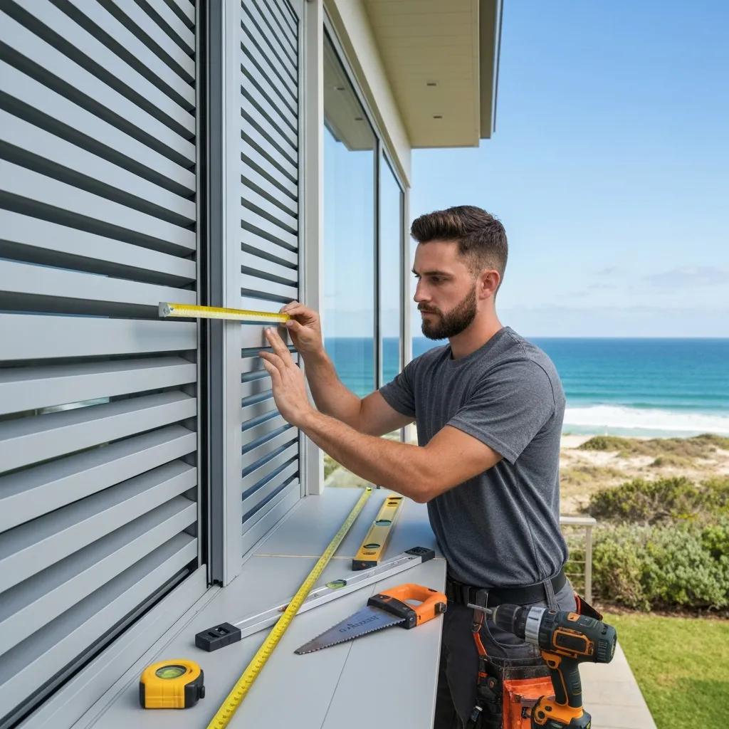 Installer measuring for accordion shutters ‚Äî precision and coastal-ready installation