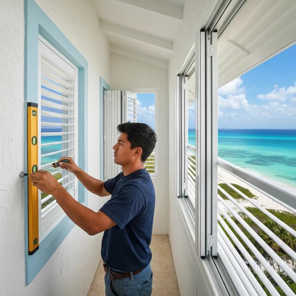 Professional-installer-mounting-accordion-shutters-on-a-coastal-home-e93073be-71f7-4a35-a771-878bc4fcfff1webp - american hurricane shutters Installer securing accordion shutters on a coastal home