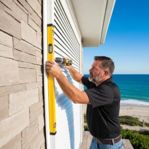 Installer fitting accordion shutters on a coastal residence, showing professional installation steps