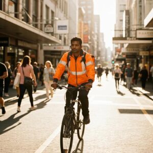 Installer fitting accordion shutters on a coastal home window while using proper safety equipment