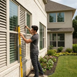 Installer fitting accordion shutters on a residential window