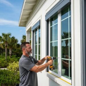 Installer mounting roll down hurricane shutters on a coastal home to illustrate installation work