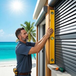 Installer securing roll-down hurricane shutters on a coastal home, illustrating the professional installation process