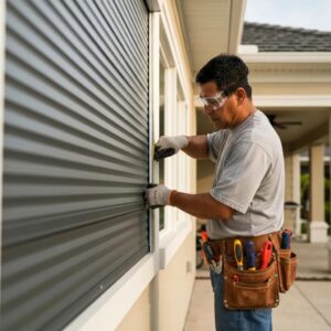 Technician installing roll‑down hurricane shutters on a residential window