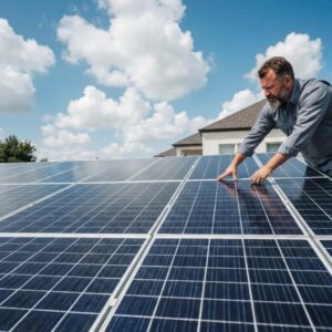 Installer fitting roll-down hurricane shutters on a coastal house, showing proper anchoring and housing