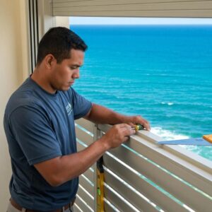 Professional installer working on accordion shutters for hurricane protection in a coastal environment