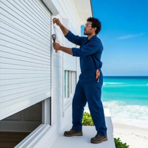 Installer fitting a roll‑down hurricane shutter on a coastal home, ensuring correct alignment